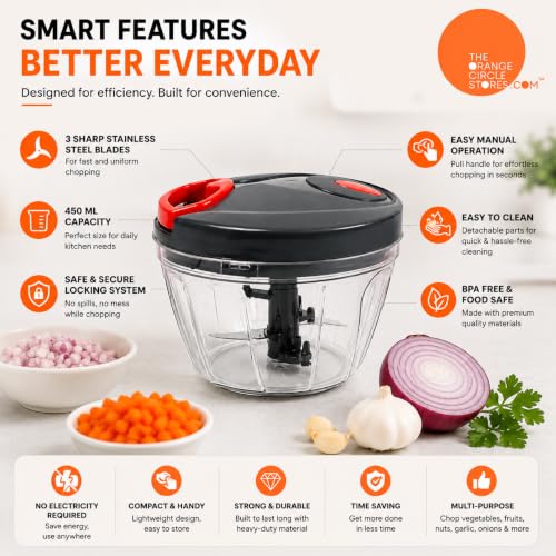 Image of Manual Veg Chopper 450 ML | Mini Handy Vegetable & Fruit Cutter with 3 Stainless Steel Blades | Onion, Garlic, Nuts & Salad Maker for Kitchen (Grey)