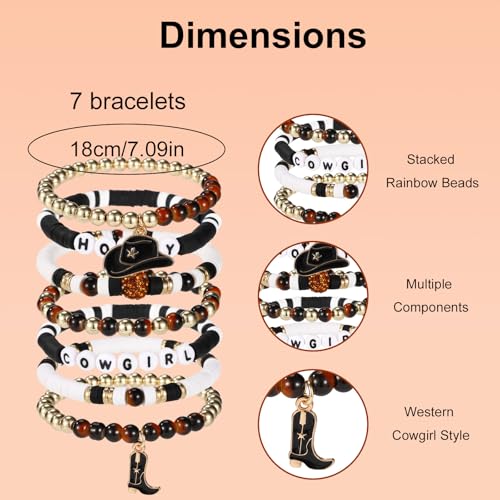 7pcs Howdy Cowgirl Beaded Bracelets, Stackable Western Beaded Bracelets with Cowgirl Hat and Boots Charms Y2K Style Outfit Accessories Jewelry for Friends Family Women Gift (Black)2