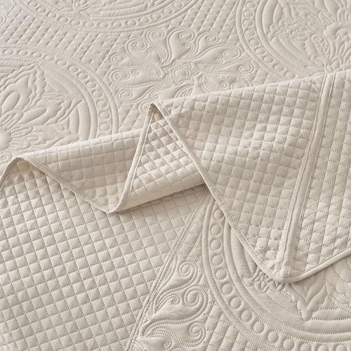 Qucover Oversized King Bedspread 128x120, Soft Microfiber California King Quilt Set, 3 Piece Bed Spreads, Ultrasonic Quilting Vintage Pattern, Beige