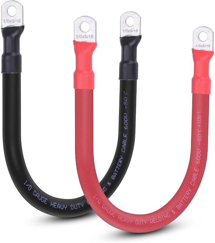 Cabo de bateria flexível 1/0 AWG Shirbly com terminais 5/16" (M8) em cobre OFC – Par de 30,48 cm vermelho e preto