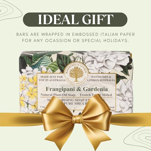 Image of Wavertree & London Frangipani Gardenia Scented Natural Soap (2 Bars), 7oz Moisturizing French Triple Milled Soap Bars enriched with shea butter - Pure Plant Based Bath & Body Bars for All Skin Types