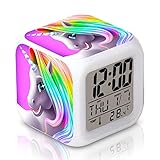 DTMNEP Unicorn Alarm Clock for Kids, LED Digital Bedroom Alarm Clock Easy Setting Cube Wake Up Clocks with 4 Sided Unicorn Pattern Soft Nightlight Large Display Ascending Sound