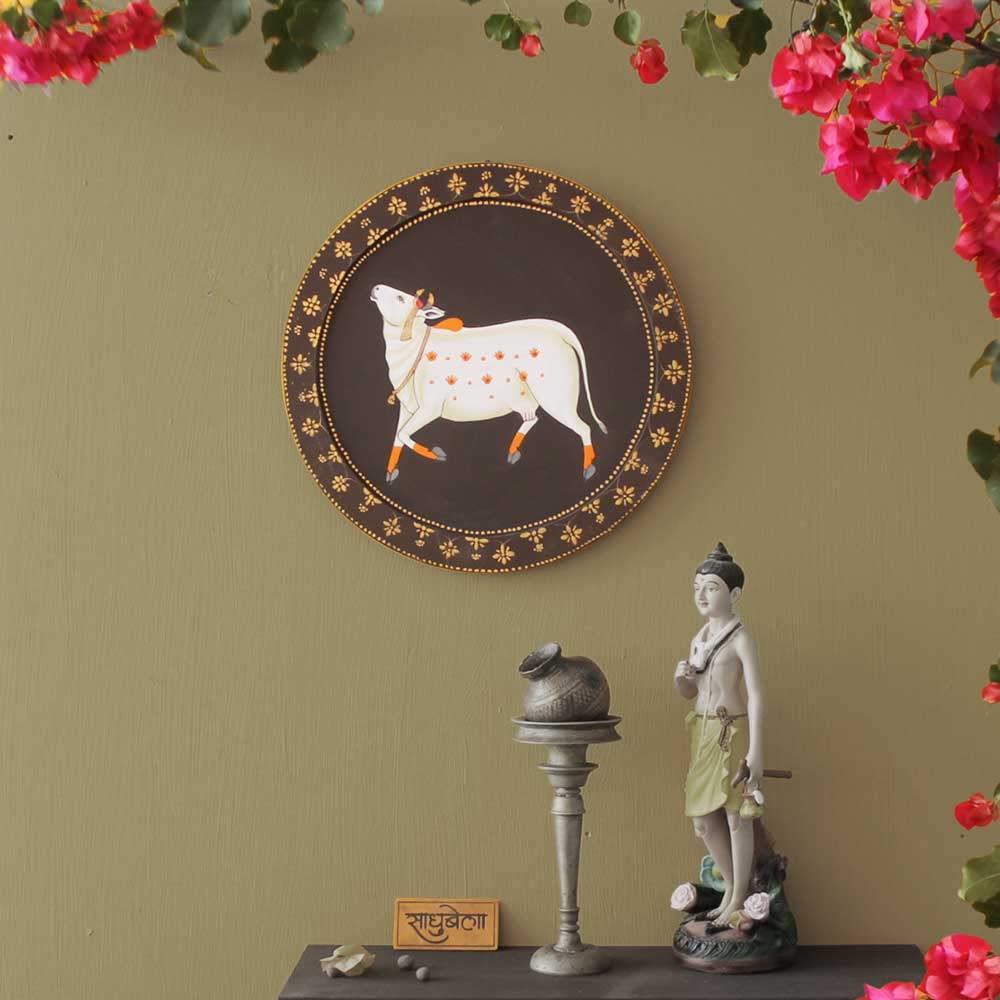 Surabhi – Hand Painted Wooden Wall Décor Plate- Sacred Art for Prosperity and Peace- Nathdwara Pichwai Chitra Shaili Holy Cow Painting - Handcrafted Elegance Rooted in Mythology
