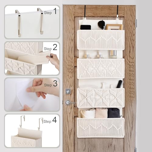 Autumnlife Hängeorganizer mit 4 Taschen, Boho Deko Tür Organizer Hängend Hängeaufbewahrung mit 2 Haken, Faltbares Hängeregal für Schlafzimmer, Kinderzimmer, Bad