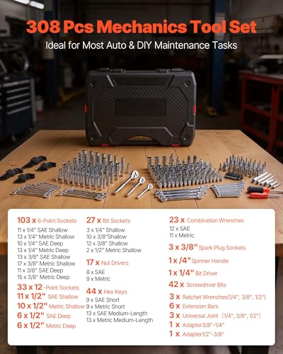 Image of VEVOR Mechanics Tool Set, 308-Piece Mechanic Tool Kit, 1 /4 in, 3 /8 in, and 1 /2 in Drive, SAE and Metric Socket Set, Wrenches, Screwdriver Bits, Accessories, and Storage Case, for Automotive Repair