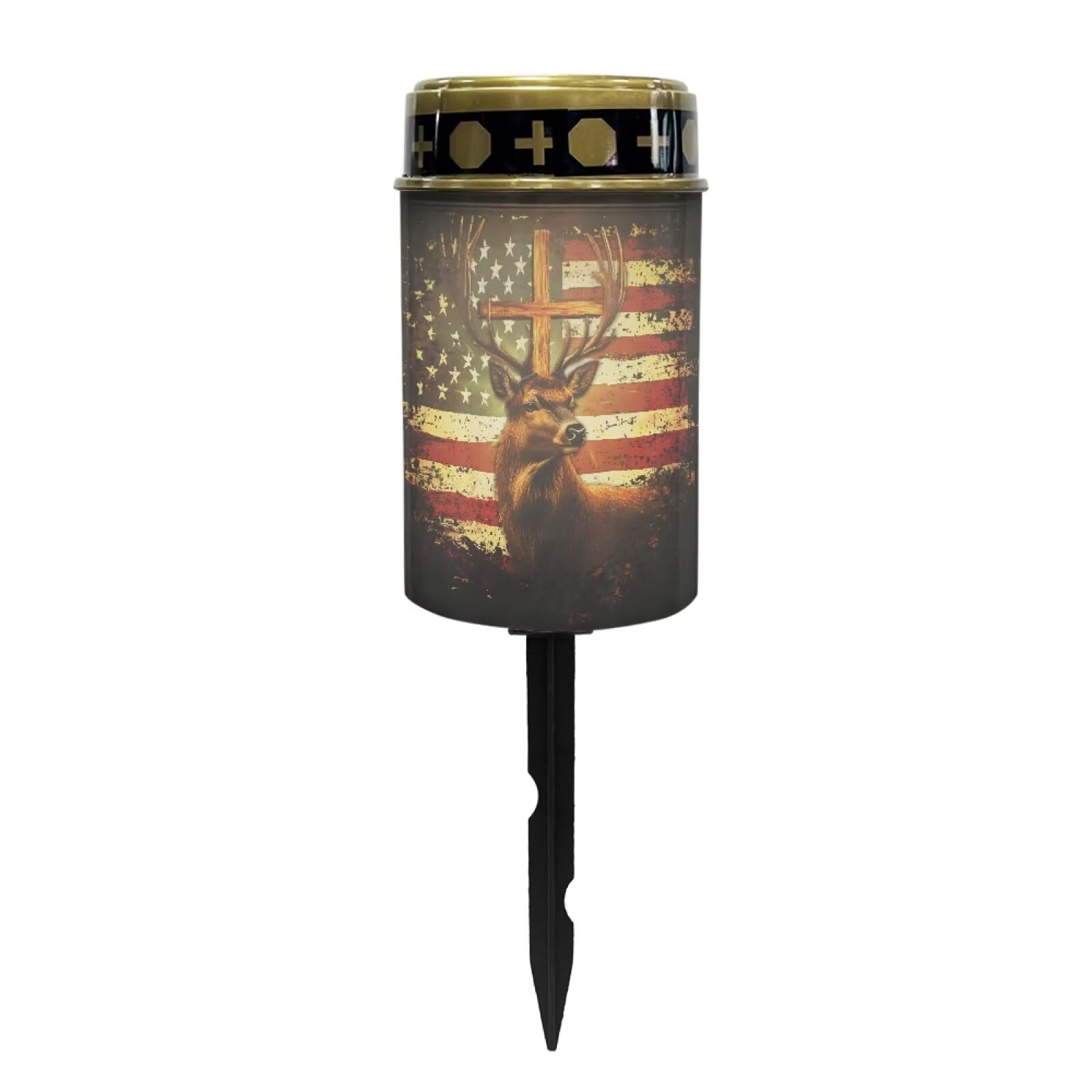 Poceacles Deer American Flag Vintage Pattern Solar Lights Outdoor Solar Powered Outdoor Cemetery Stake Candle Grave Lamp Landscape Lighting Waterproof Grave Flameless Candle