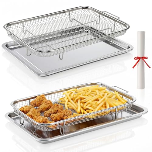 Suttmin 2 Set Large Air Fryer Baskets for Oven 15" x 11" Stainless Steel Air Fryer Basket and Tray with 50 Pcs Parchment Papers Baking Sheet for Grilling Cooking Dishwasher and Broiling