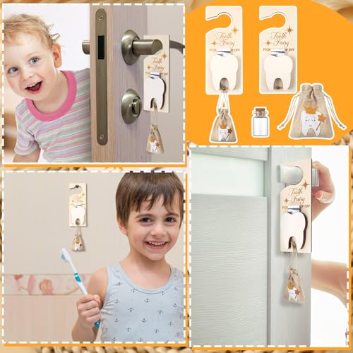 Image of DoubleFill Fairy Tooth Gift Holder Bag Door Hanger Lost Teeth Keepsake Box Tooth Fairy Kit Stores Back to School Gift for Lost Teeth Boy Girl Primary School Classroom Gifts(Classic,Light Brown)