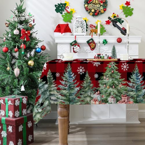 Christmas Tablecloth 60x84 Inches for Rectangle Tables - Christmas Tree Decor for Table - Water Resistant Plaid Xmas Table Cloth, Red Party Decorations for Kitchen, Home – Image 3
