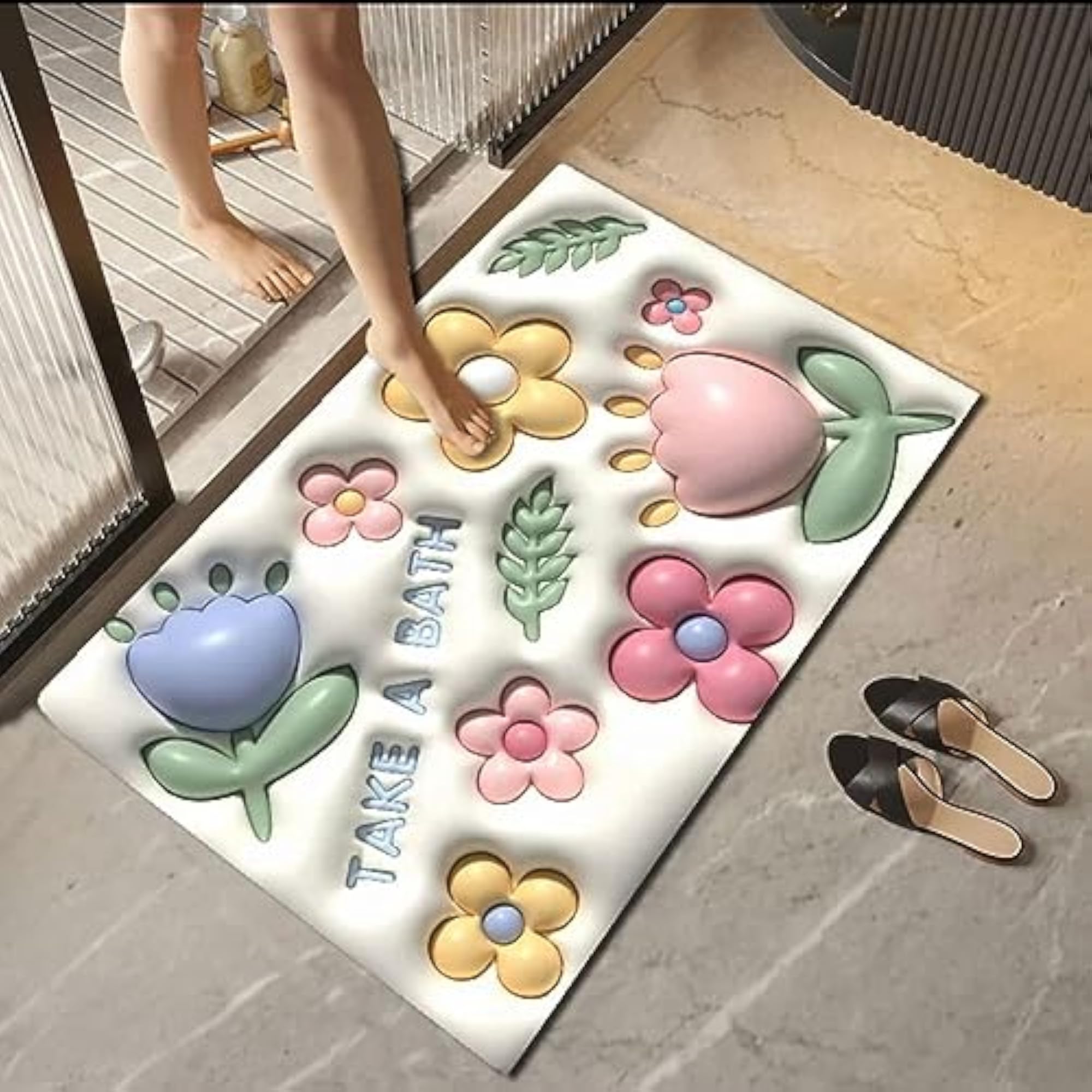 3D Floral Non-Slip Bathroom Carpet, Blossom Design