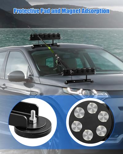 WMJNH Fishing Rod Holder for Vehicles, Magnetic Fishing Rod Rack with Protective Pad, Waterproof Car Fishing Rod Mount with Rod Slots and Elastic Nylon Straps Suitable for Trucks Cars SUVs