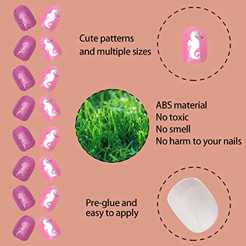 Siusio 120Pcs 5 Pack Children Acrylic Fake Nails Press On Pre-Glue Full Cover Glitter Gradient Color Short False Nail Art Kits Sets Great Christmas Gift For Kids Little Girls - Mermaid Beach #TOP3