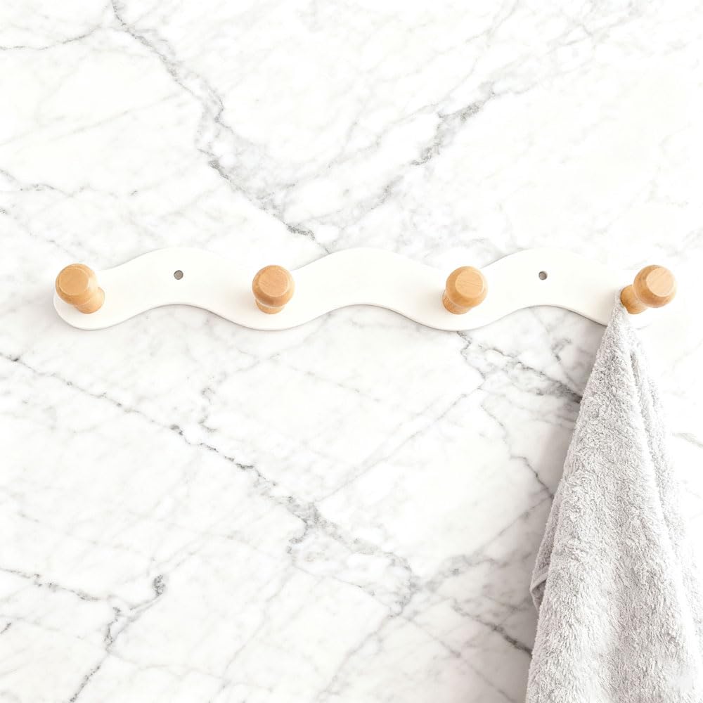 Porte-manteau mural sans perçage - 35,5 cm - Avec crochets en bois - Double option de montage pour garde-robe d'enfant, couloir, chambre d'enfant, salon et salle de bain