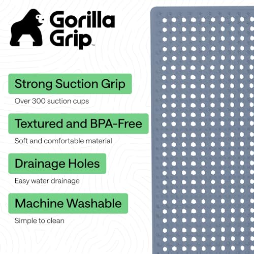 Image of GORILLA GRIP Patented Bath Tub Shower Mat, Machine Washable Bathtub Floor Liner Mats, Suction Cups and Drain Holes to Keep Tubs Clean, Soft on Feet, Bathroom Essentials, 35x16 Inch, Sky Blue Opaque
