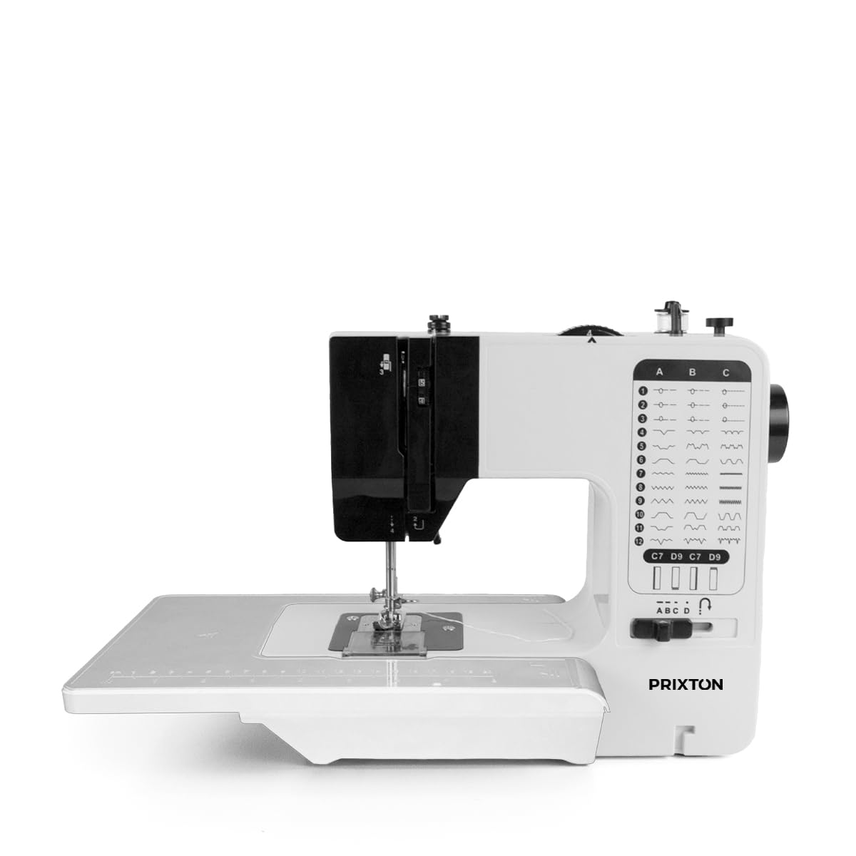 PRIXTON Máquina de coser P125, 38 Puntadas diferentes, 2 Velocidades, Tabla expandible, Cajón para accesorios, Lámpara y Pedal incluido