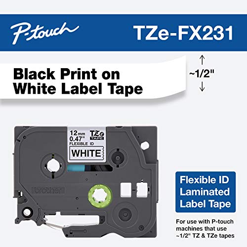 Brother Fita P-Touch TZE-FX231, fita laminada flexível de 1,2 cm de largura, preta sobre branca