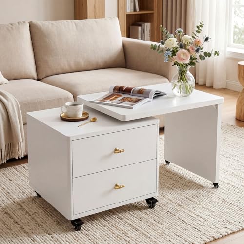 VOWNER Mesa de Centro Extensible, Mesa de Salón Giratoria con 2 Cajones, Mesa Auxiliar con 6 Ruedas, para Salón, Balcón y Oficina, Blanco