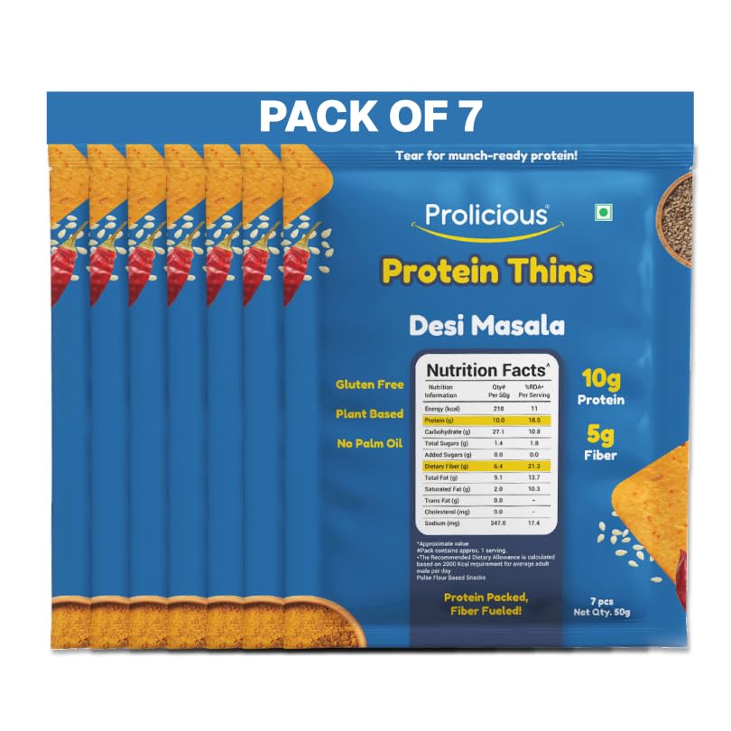 Image of Prolicious Healthy Protein Thin Chips |10g Protein & 5g Fibre Per Pack Per Pack Per Pack | Vegan Snacks|Gluten Free|No Maida |No Palm Oil| 50g - Pack of 7| Desi Masala