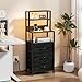 Furnulem Night Stand, Tall Nightstand with 4-Tier Shelves and 3 Fabric Drawers, LED Bed Side Tables with Charging Station, Bedside Table for Bedroom, Hallway, Home Office, Black Oak