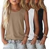 LessonZoo 3 Pack Girls' Tank Tops Kids Sleeveless Crew Neck Shirts Summer Loose Fit Top Casual Basic Tees 5-14 Years(Black, White, Khaki,7-8 Years)