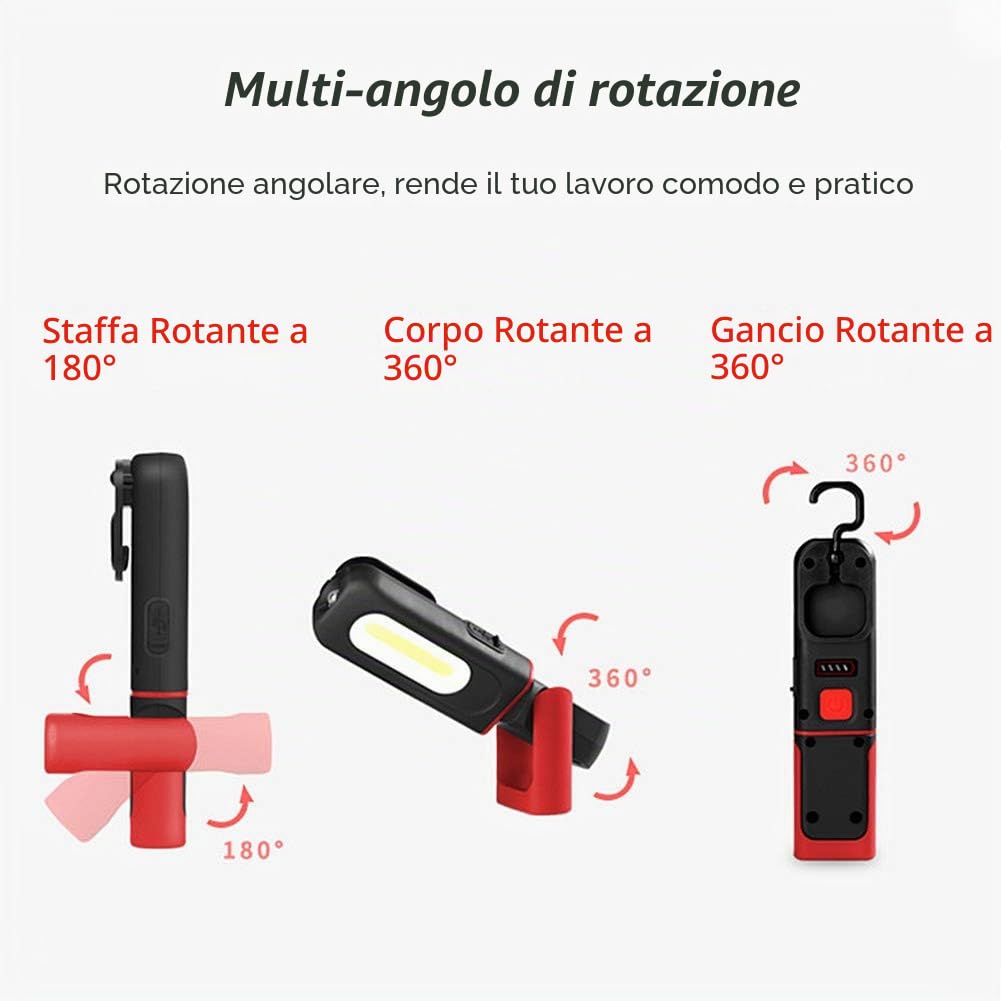 Lampada da Lavoro COB LED Ricaricabile, Lampade di ispezione, Portatile Torcia LED per 360 ° rotatable con Base Magnetica e Gancio Appeso,per Riparazione Auto,Campeggio e di Emergenza Uso