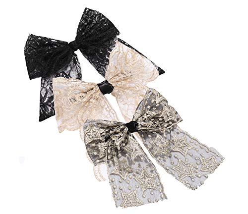 HSWE Baby Girl Hair Bows Clips Big Lace Flower Hair Barrette French Butterfly Hair Accessory for Women Kids Children Wedding Party(3PCS)
