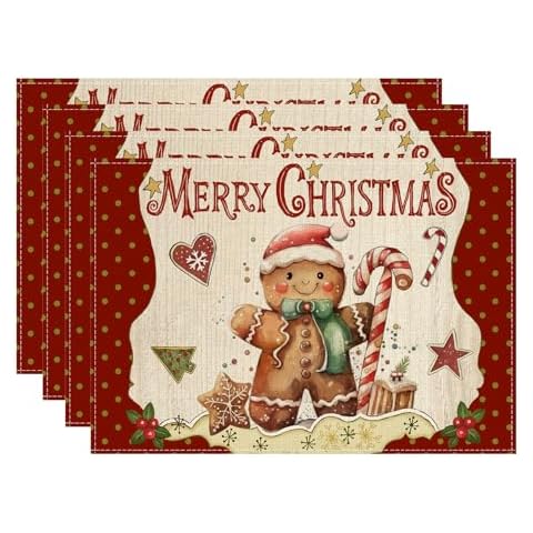 XCHI Merry Christmas Gingerbread Man Winter Xmas Placemats Set of 4 Table Mats for Party Home Kitchen Dining Table Decorations 12x18 Inch Cover