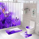 Springgrace Purple Butterfly with Flowers Shower Curtain Set with Rugs Decorative Bathroom Curtains