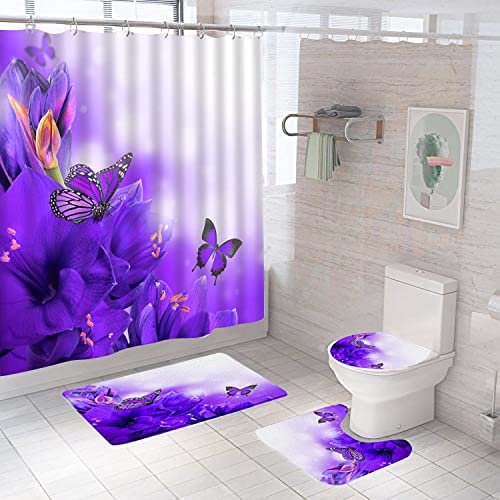 Springgrace Purple Butterfly With Flowers Shower Curtain Set With Rugs Decorative Bathroom Curtains Set With Hooks, Modern Waterproof Fabric Butterfly Shower Curtain Sets For Bathroom #TOP2