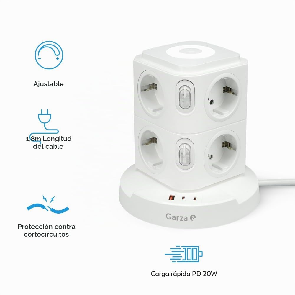 Garza - Regleta Torre 11 en 1 con 8 Enchufes Schuko, 2 USB-C y 1 USB-A, Carga Rápida, Luz Nocturna Regulable, Interruptores Individuales y Protección contra Sobrecargas y Cortocircuitos, Blanco