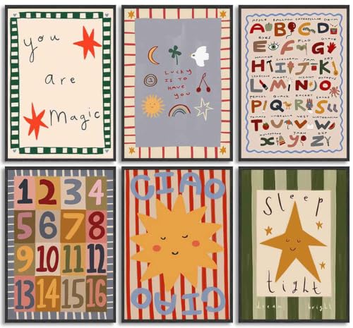 Pyvrah 6Pcs Colorful Kids Room Wall Art Digital Letter Educational Wall Decor Prints Boho Colorful Stripes Paintings Artwork Star Sun Pictures for Nursery School Home Decoration 8x10in No frame