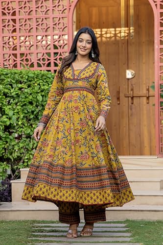 Image of Pistaa's Women's Pure Cotton Anarkali Floral Printed Kurta with Palazzo & Dupatta Set