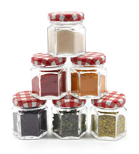 Image of Hexagonal 50 grams Airtight Glass Jar Containers for Honey, Spices & other Kitchen Items with Rust Proof Red Check Caps -Set of 06
