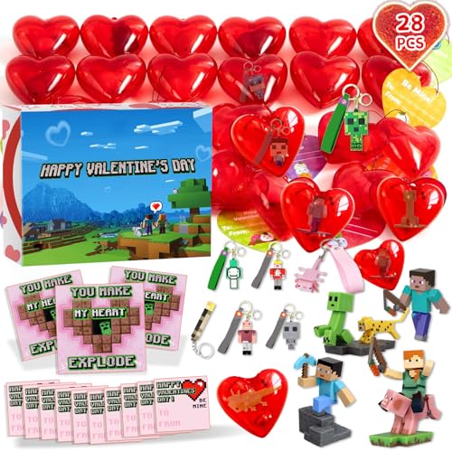 28 Pcs Valentines Day Gifts for Kids, Build My World Valentines Day Cards for Kids School with Toys, Kids Valentines Day Gifts for School, Valentines Day Decorations, Valentines Day for Him/Her