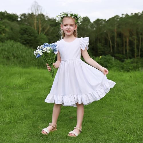 Girls White Flower Dress Birthday Vacations Beach Boho Dresses for Toddler Summer Outfits Matched Flower Crown2