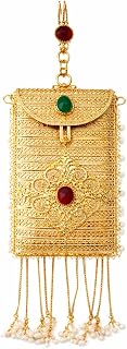 Traditional Gold Tone Ethnic Potli Bag with Red and Green Stone Embellishments, Pearl Tassel Detailing, Hook Handle for We... Price In India