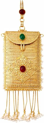 Traditional Gold Tone Ethnic Potli Bag with Red and Green Stone Embellishments, Pearl Tassel Detailing, Hook Handle for We...