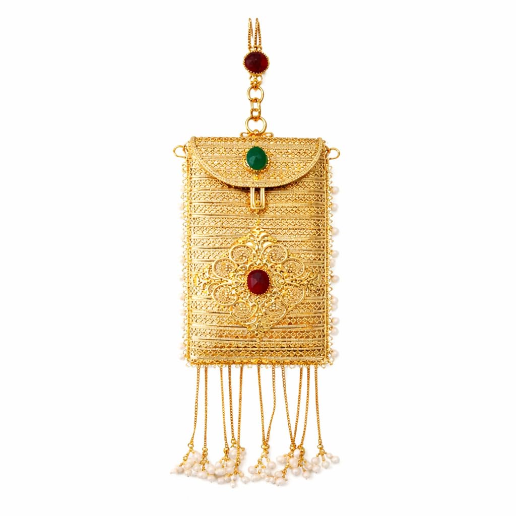 Traditional Gold Tone Ethnic Potli Bag with Red and Green Stone Embellishments, Pearl Tassel Detailing, Hook Handle for We... - Review, Price and Buying Guide