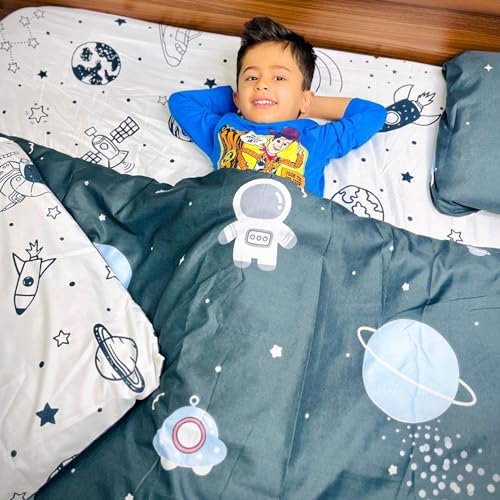 Image of Famyo King Size Bedsheet Set with 2 Pillow Covers, 250 TC Fitted Kids Bedsheet, Comforter & Comforter Cover (5pc Set) - Home Decor, 72x78 inches, Astronaut in Space Design - Grey, White