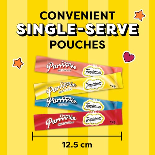 Temptations Creamy Puree Adult Lickable Cat Treats with Beef Liver, & Salmon, & Chicken & Tuna Variety Pack, 48 Pouches, 576g image 1