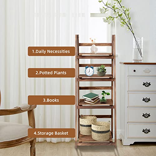 Babion 4 Tier Ladder Shelf, Industrial Leaning Bookshelves Ladder Bookcase Wooden Shelf With Stable Frame Plant Stand Storage Rack Shelf For Home Black, Bedroom, Kitchen -Brown #TOP4