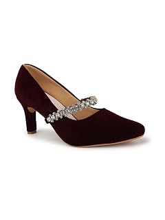 Elle Women Velvet Embellished Mary Jane Slip-On Pumps Maroon
