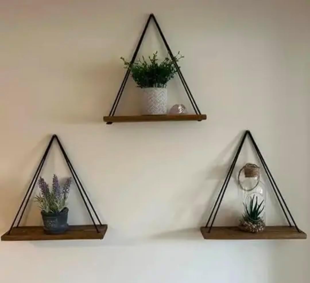 Crazy SK Macrame Wall Hanging Shelf, Cotton and Pine Wood, Triangle Floating Shelves, Natural, Modern Decor for Living Room Office Bedroom, Combo Pack of 3