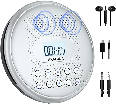 CD Player Portable, ARAFUNA Rechargeable Portable CD Players for Car with Speakers, Anti-Skip Walkman CD Player with Backlit Button, LCD Display and AUX Cable