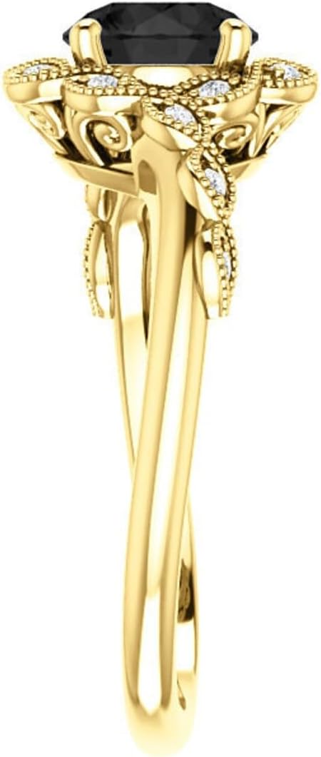 Vintage 1 CT Round Floral Black Diamond Engagement Ring 10K Yellow Gold, Antique Flower Natural Black Diamond Ring, Victorian Floral Black Diamond Ring