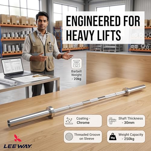 Image of Leeway Olympic Barbell Rod with Plates (120kg Set) | 7ft Chrome Otis Bar 20kg + Weight Plates | 51mm Rubber Coated Olympic Plate | Home Gym Weight Lifting Combo (2.5kgX2+5kgX2+7.5kgX2+10kgX2+15kgX2+20kgX2)