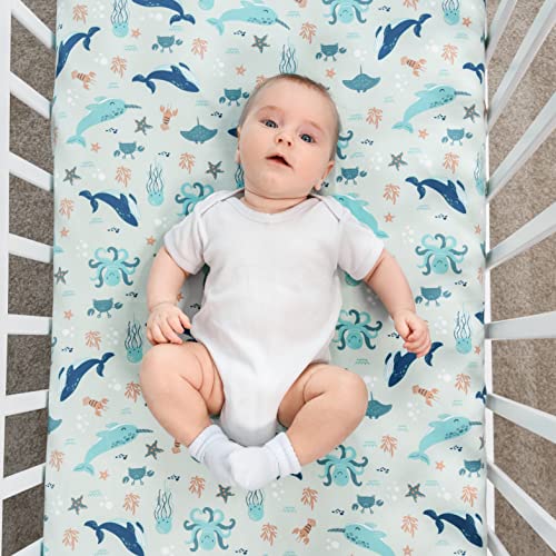 My Little Zone Baby Crib Fitted Sheets Nautical - Nursery Cotton Sheets For Crib - Gender Neutral (Teal And White), 2 Pack #TOP7