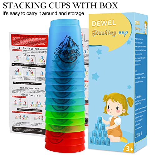 DEWEL Stacking Cup Game with 15 Stack Ways, 12pcs Cup Stacking Set, Sport Stacking Cups with BPA-Free Material, Classic Family Game, Great Gift Idea for Stack Games Lover.(Multi-Colored)