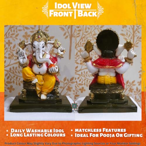 Image of Marble Lord Ganesha Idol on Singhasan - 7 Inch Multicolor Glossy Ganpati Murti for Home Pooja Room, Decorative Showpiece & Gift (13x10x18 cm)