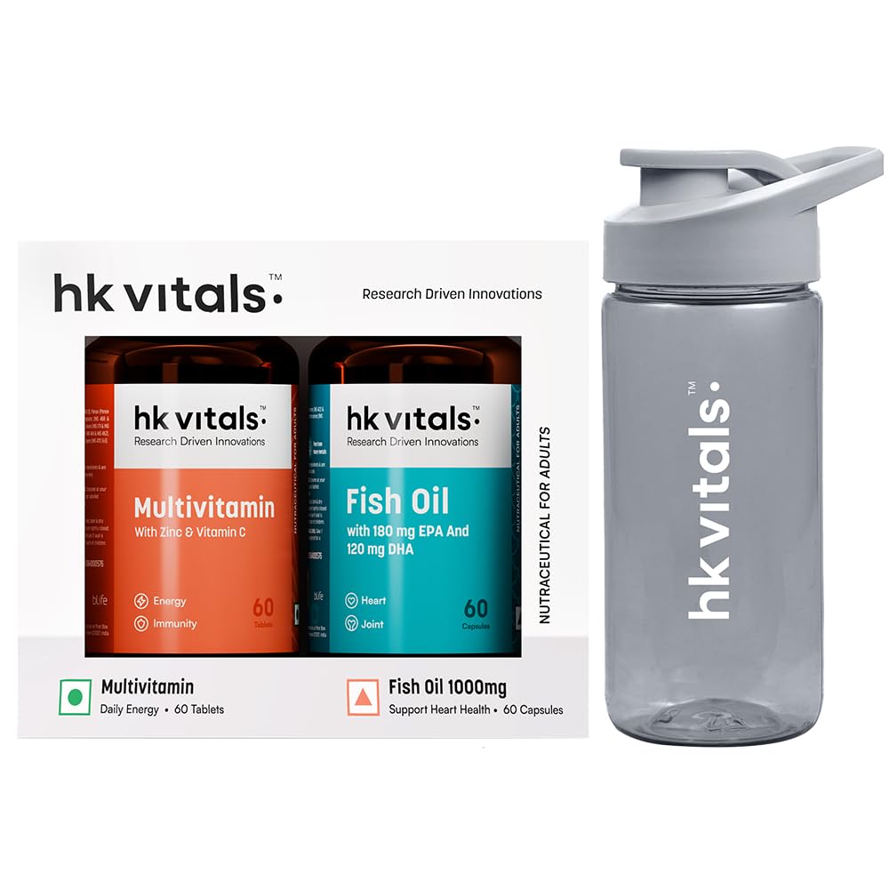 HealthKart Hk Vitals Fish Oil And Multivitamin Combo Pack With Sipper,300 Ml|1000 Mg Omega 3 With 180 Mg Epa & 120 Mg Dha,3 Count,60 Capsules